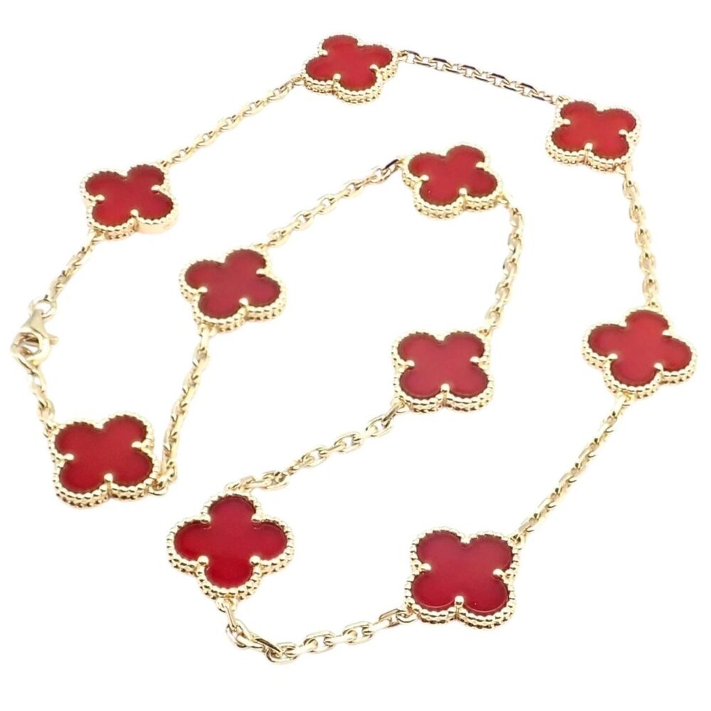 Authentic Van Cleef & Arpels 18k Gold 10 Motif Alhambra Carnelian Necklace Paper